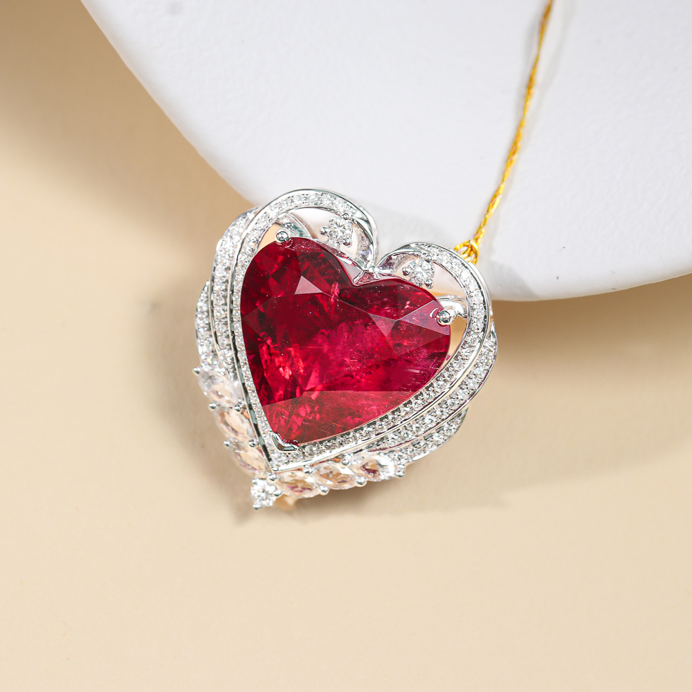 18K金天然红碧玺吊坠主石13.8ct鸽血红豪镶爱心款送女友W82660021