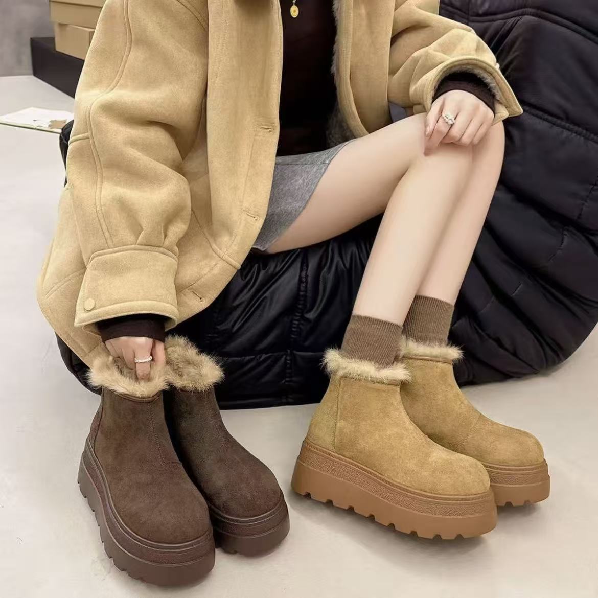 厚底增高加绒保暖加厚雪地靴女2025新款冬小个子爆款勃肯短靴棉鞋