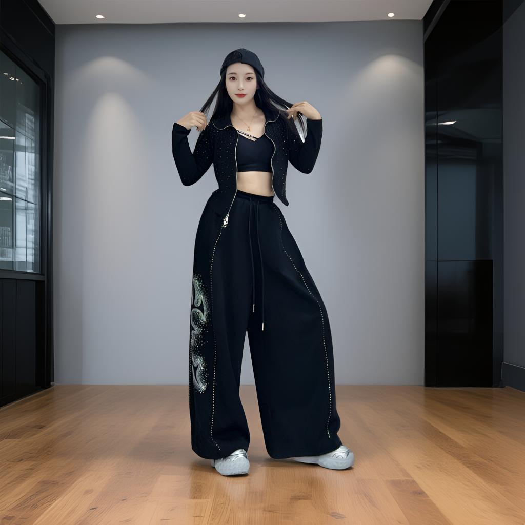 爆款(2601)广场舞街舞潮牌镭射火焰烫钻休闲长裤宽松气质显瘦百搭