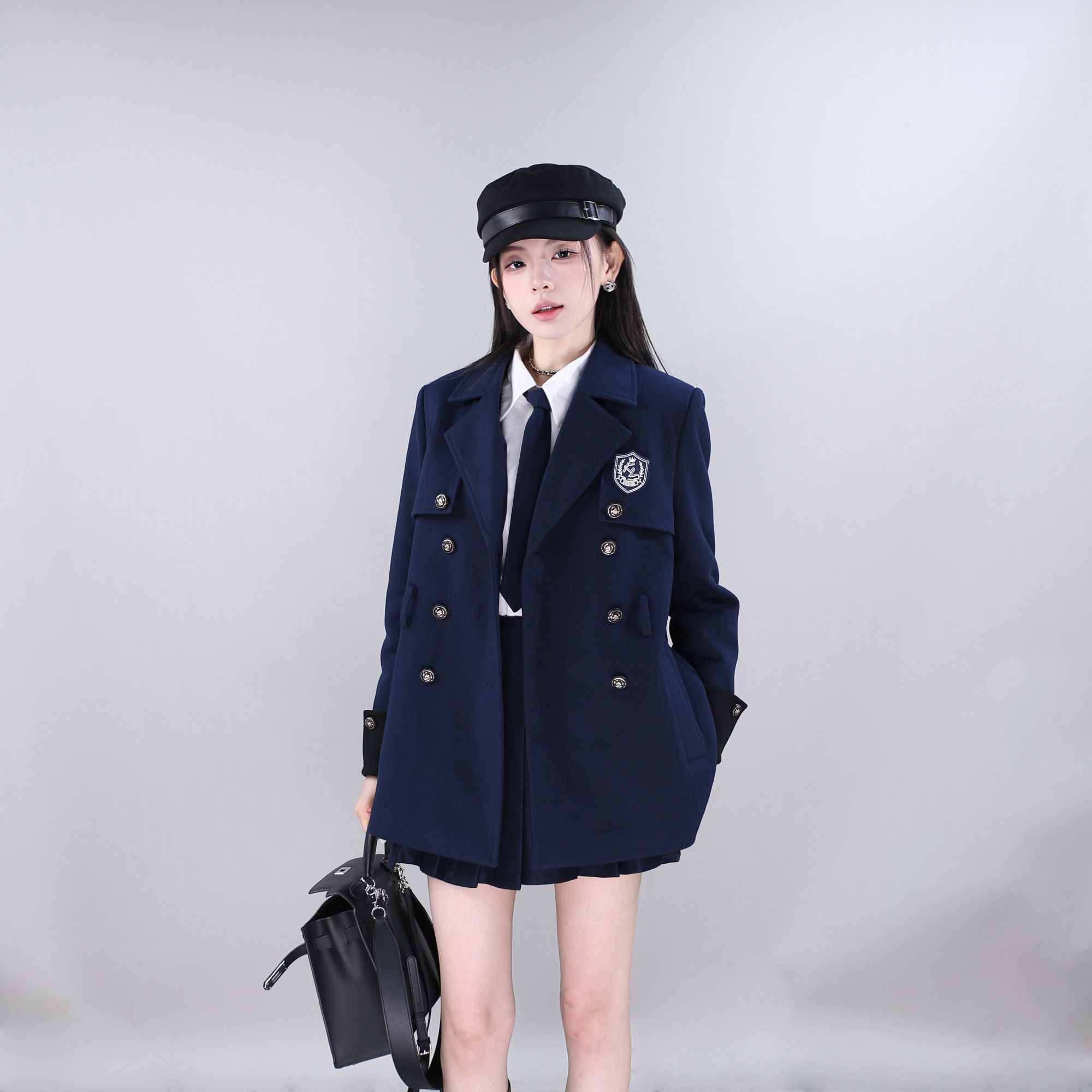 【冬装上新】冬季小众设计学院风双排扣厚款夹棉收腰绑带显瘦女套装