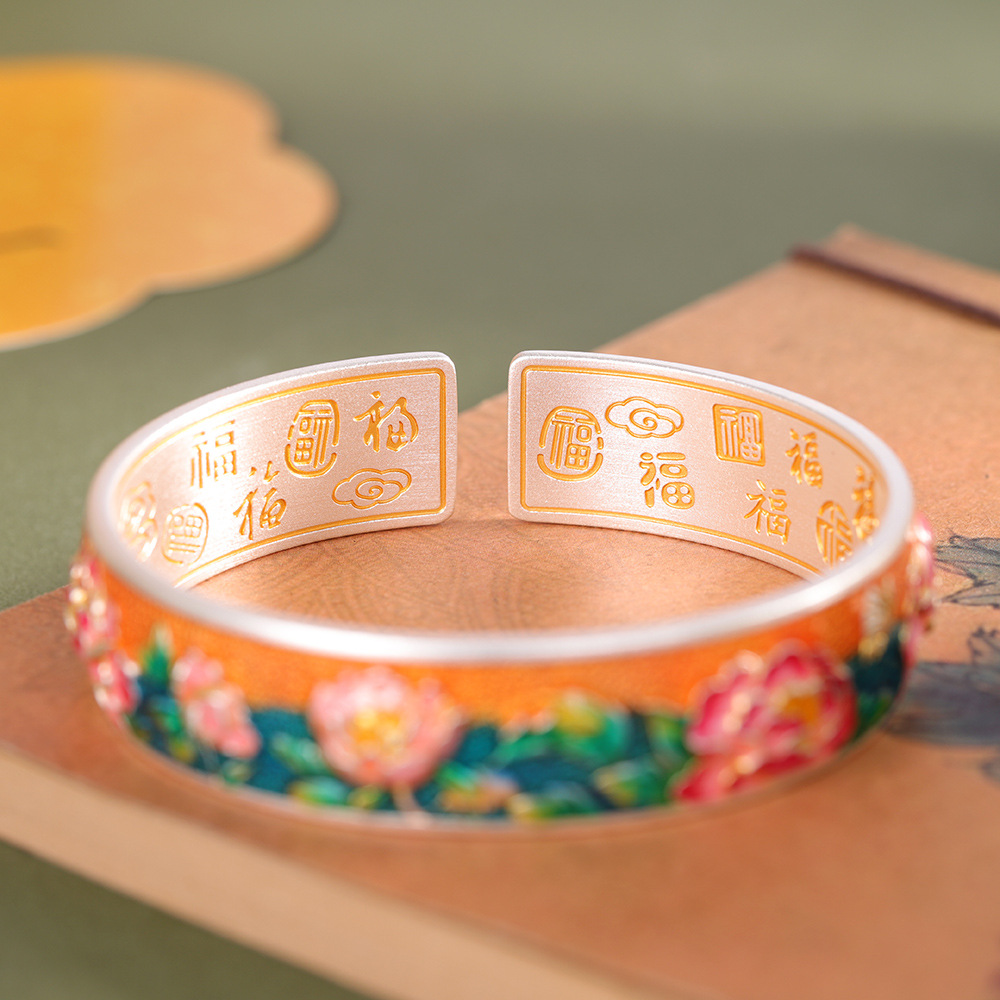 足银手镯 润土匠心999描金珐琅牡丹手镯时尚清新百搭宽版手饰rp