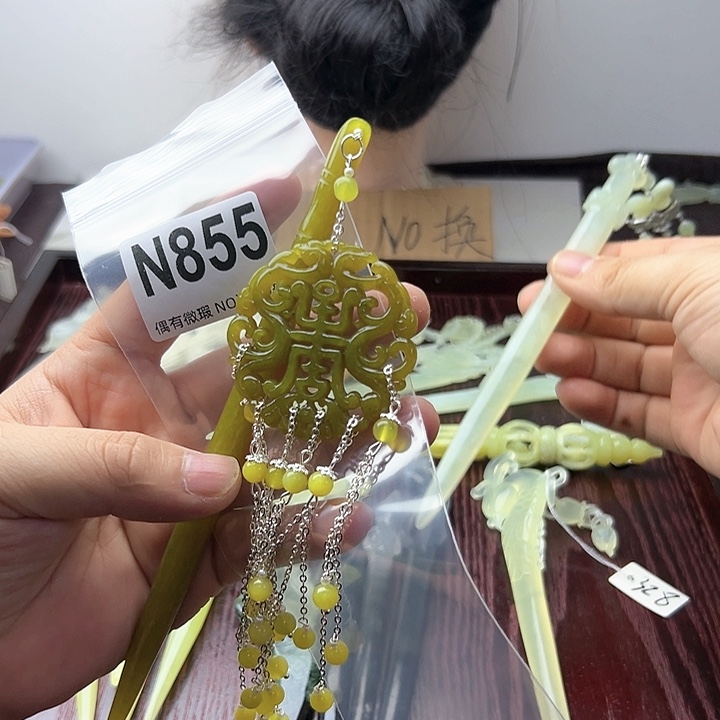 蛇纹石玉发饰合金大****糖