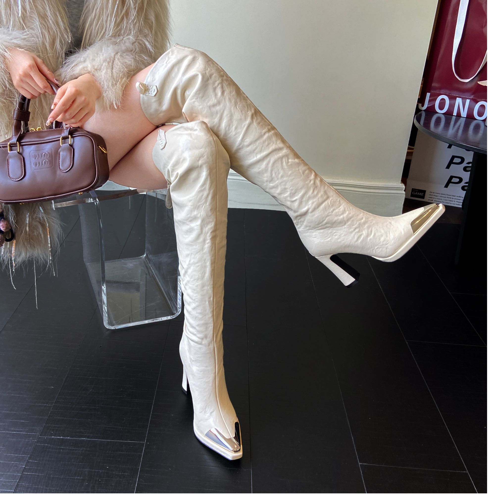 【8公分】防水台尖头粗跟过膝靴女2025新款秋冬加绒高跟长筒靴