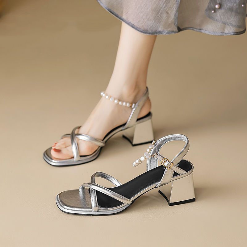 614绝美高跟凉鞋夏季新中式国风一字带粗跟百搭珍珠仙女风凉鞋