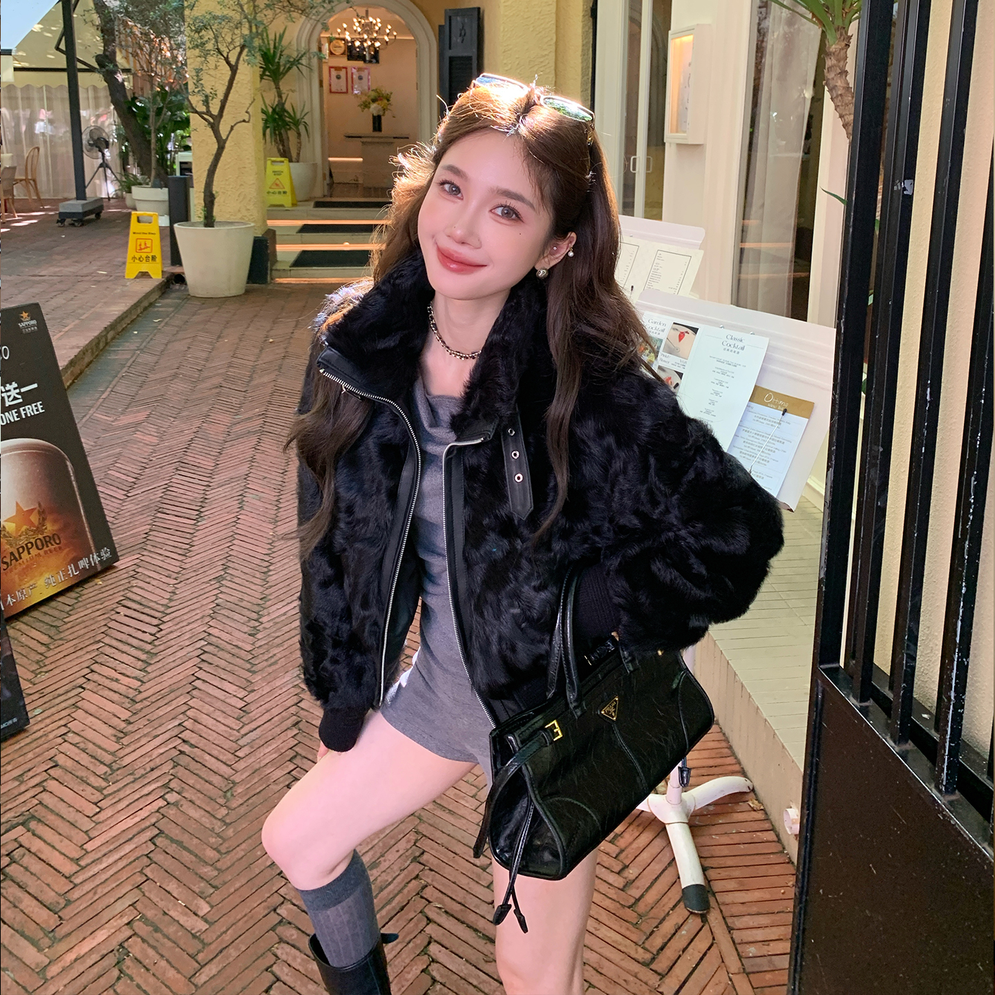 黛西卷毛物语立领夹克羊卷毛皮毛一体拉链短款小个子皮外套女25