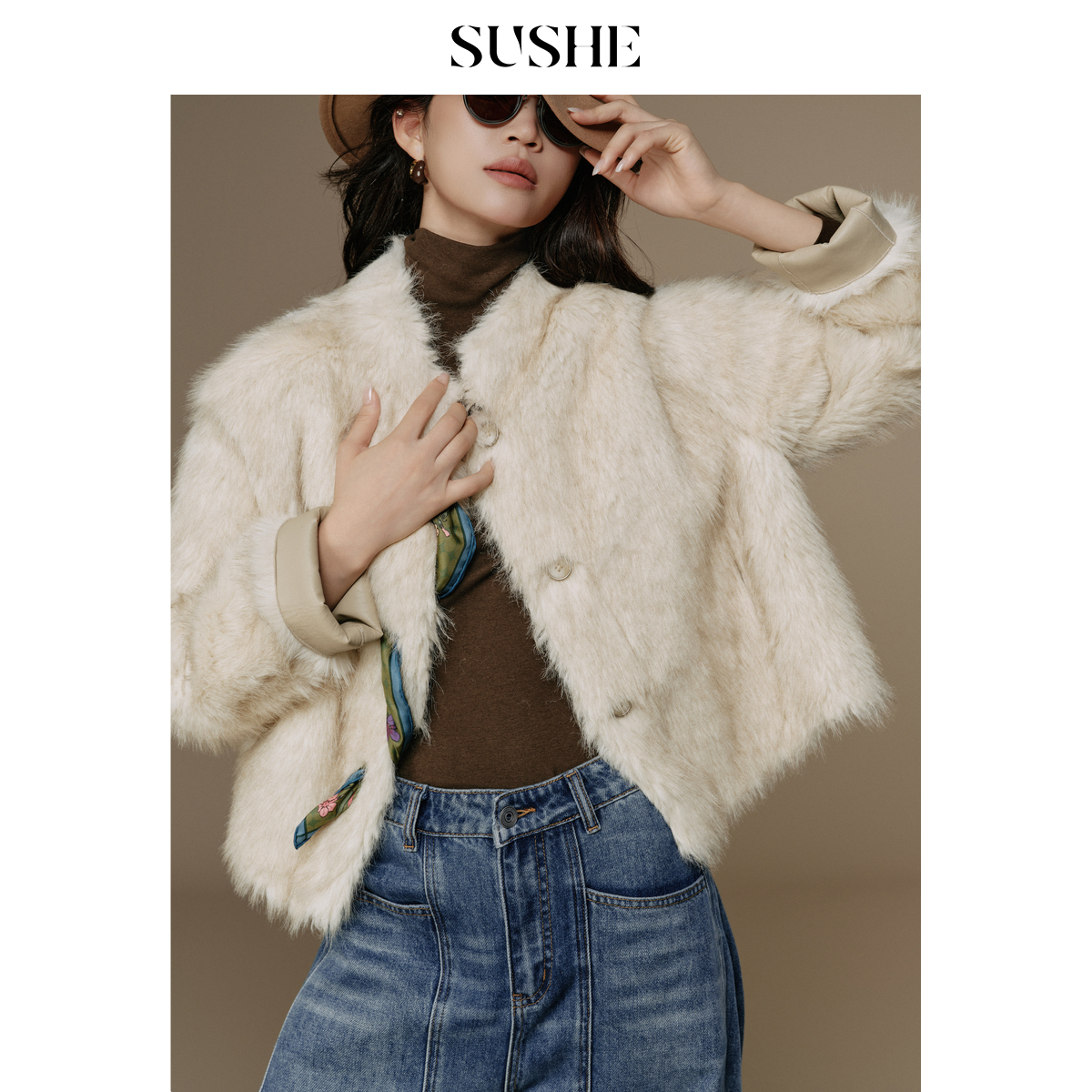 束皙SUSHE 银曜 松绒系 重磅轻奢染尖双色仿狐狸毛中长款皮草外套