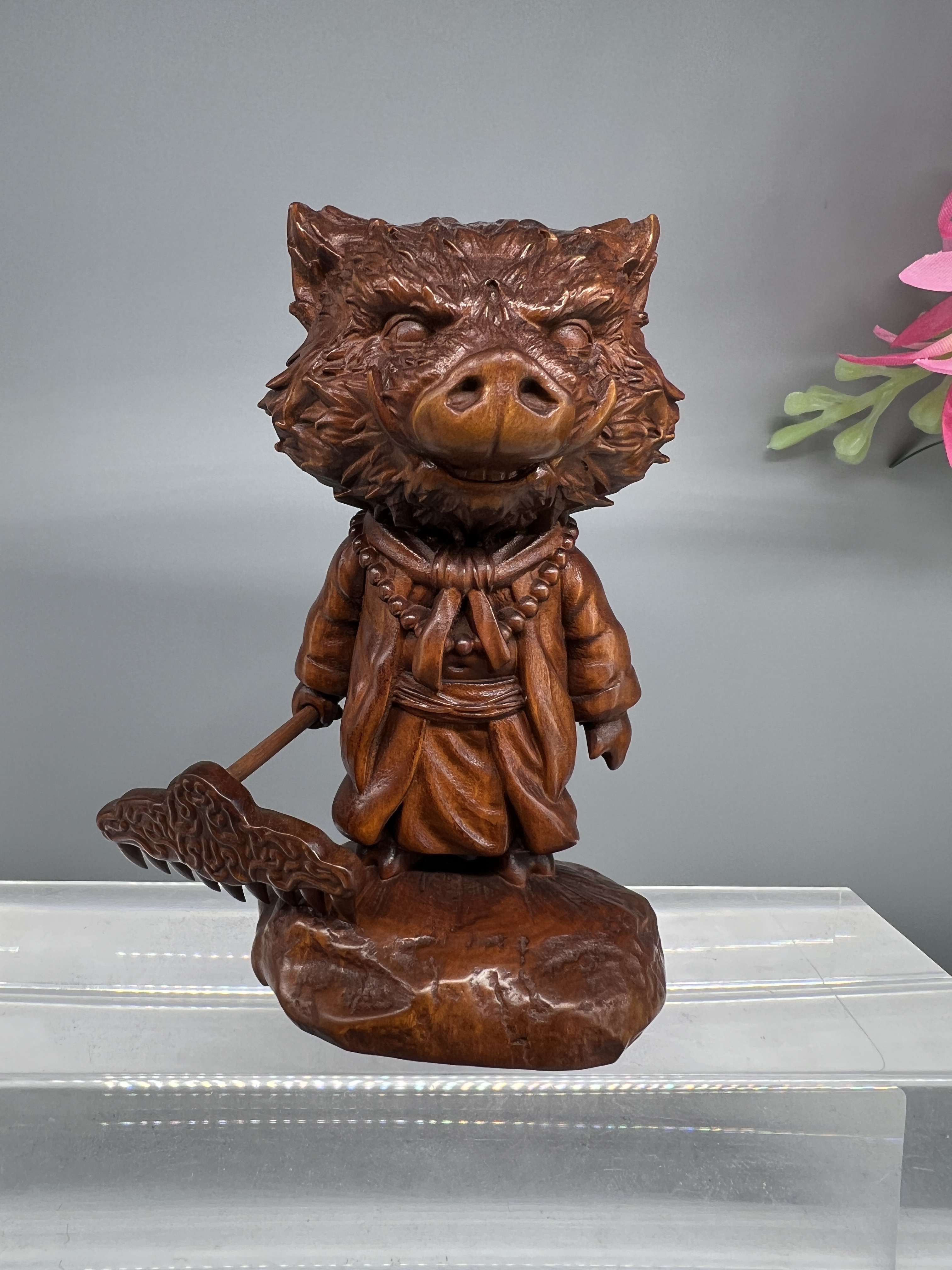 小叶黄杨木（猪八戒）仿古做旧，精工雕刻工艺品摆件高10、宽5.5