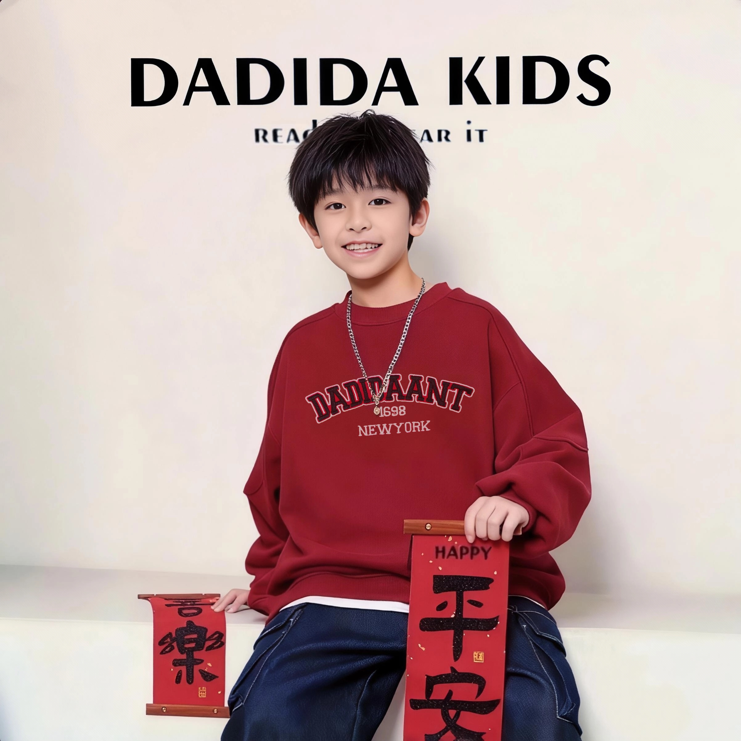 dadida/嗒嘀嗒新年红韩版加绒潮酷卫衣505180025