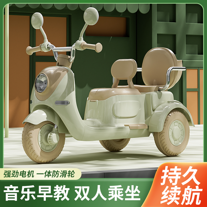 电动摩托车可骑可坐双人座三轮玩具车灯光音乐儿童遥控汽车可坐人