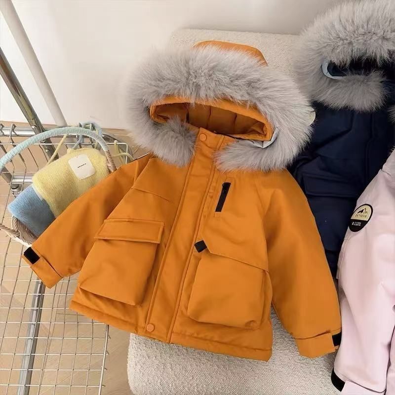 2025新款冬季男童女童休闲风连帽加绒加厚棉袄棉冬装大毛领派克服