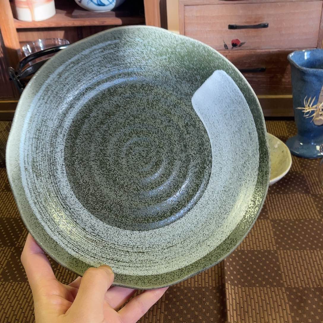 瓷片粗陶花瓣绿色大盘子9