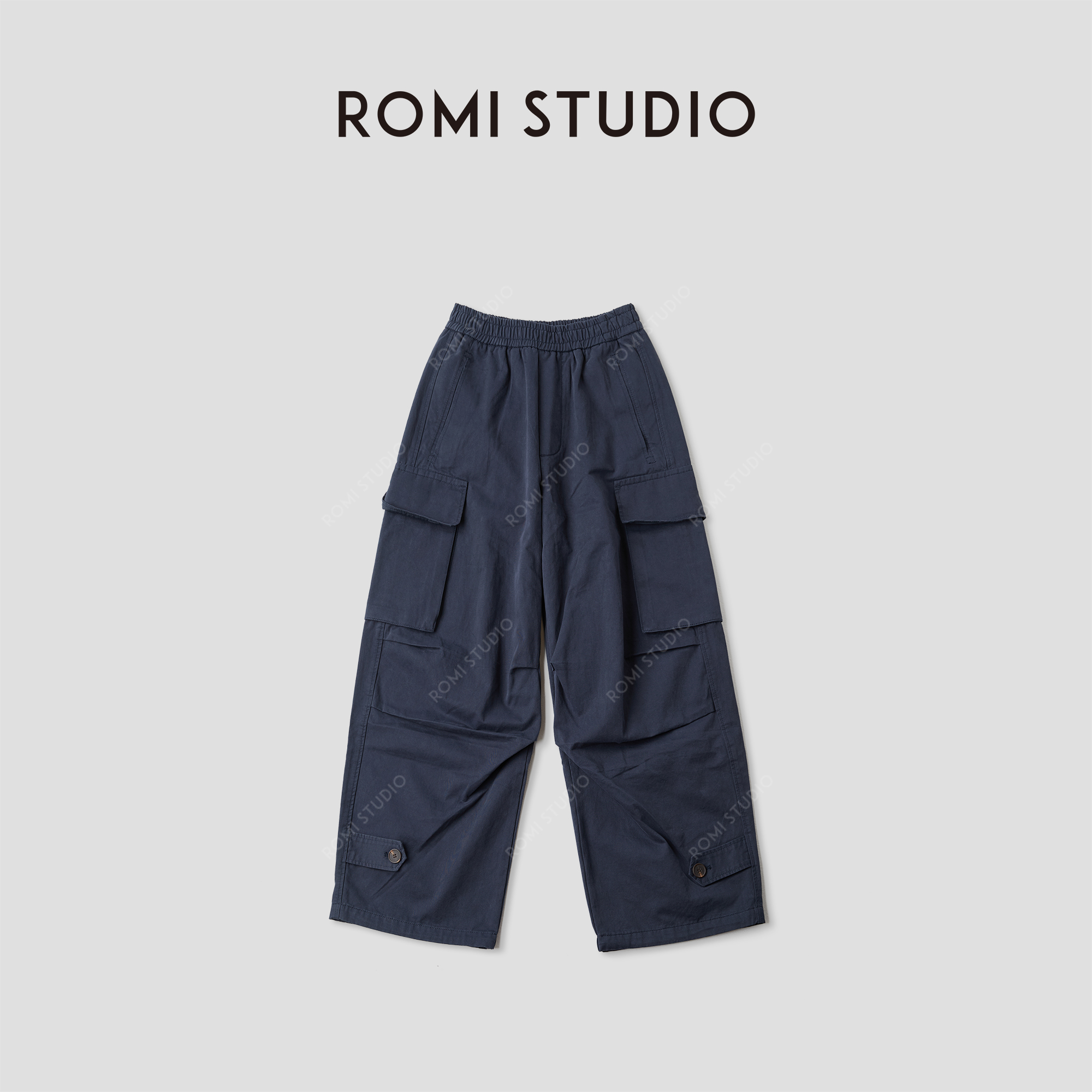 ROMI STUDIO“美式腔调”多口袋宽松棉质深蓝直筒工装裤RWCAX86173