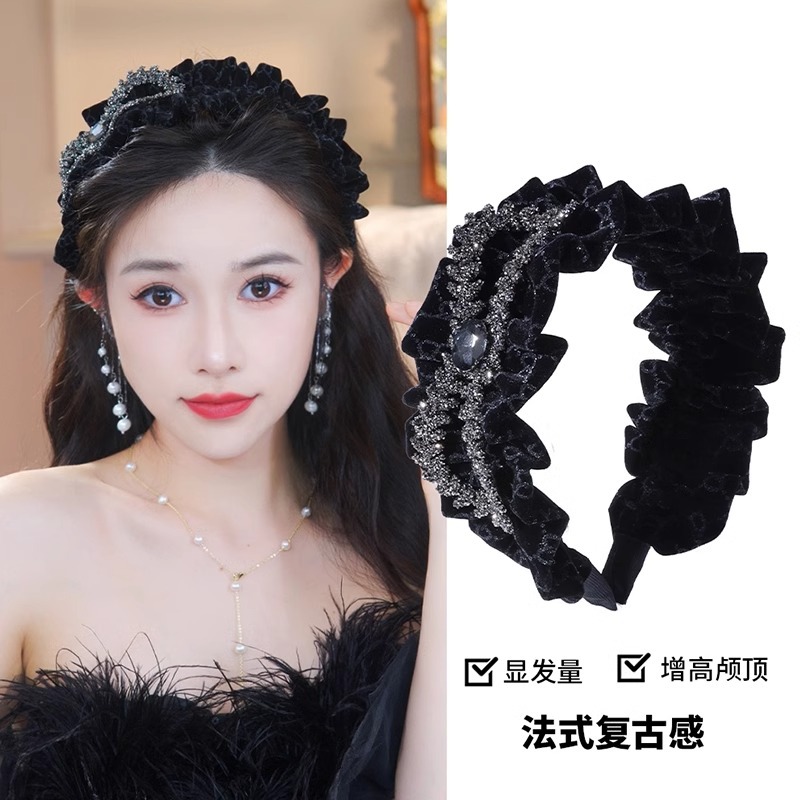 重工发箍高颅顶高级感红色宽边水钻发饰韩系高级感发箍丝绒高颅顶