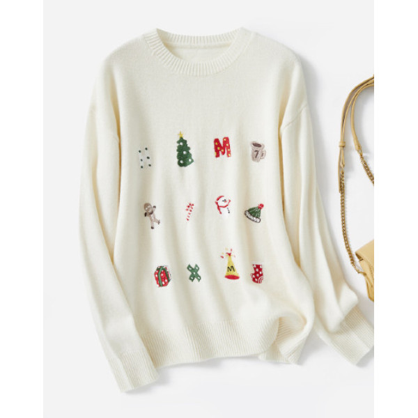 【100绵羊毛】 秋冬圣诞元素满印刺绣圆领宽松针织衫 3228