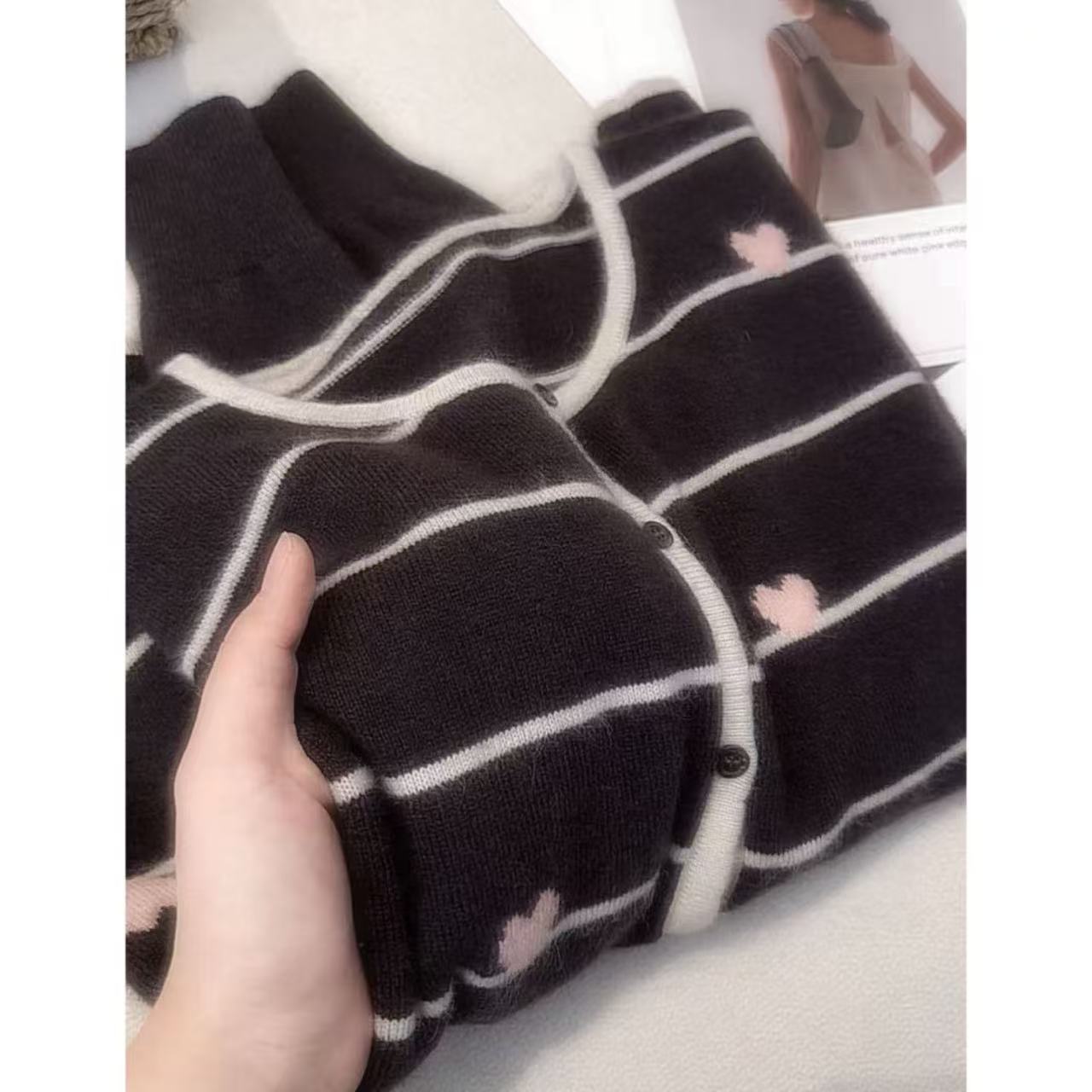 【初恋深咖】时尚百搭条纹加厚保暖春秋拼色开衫外套