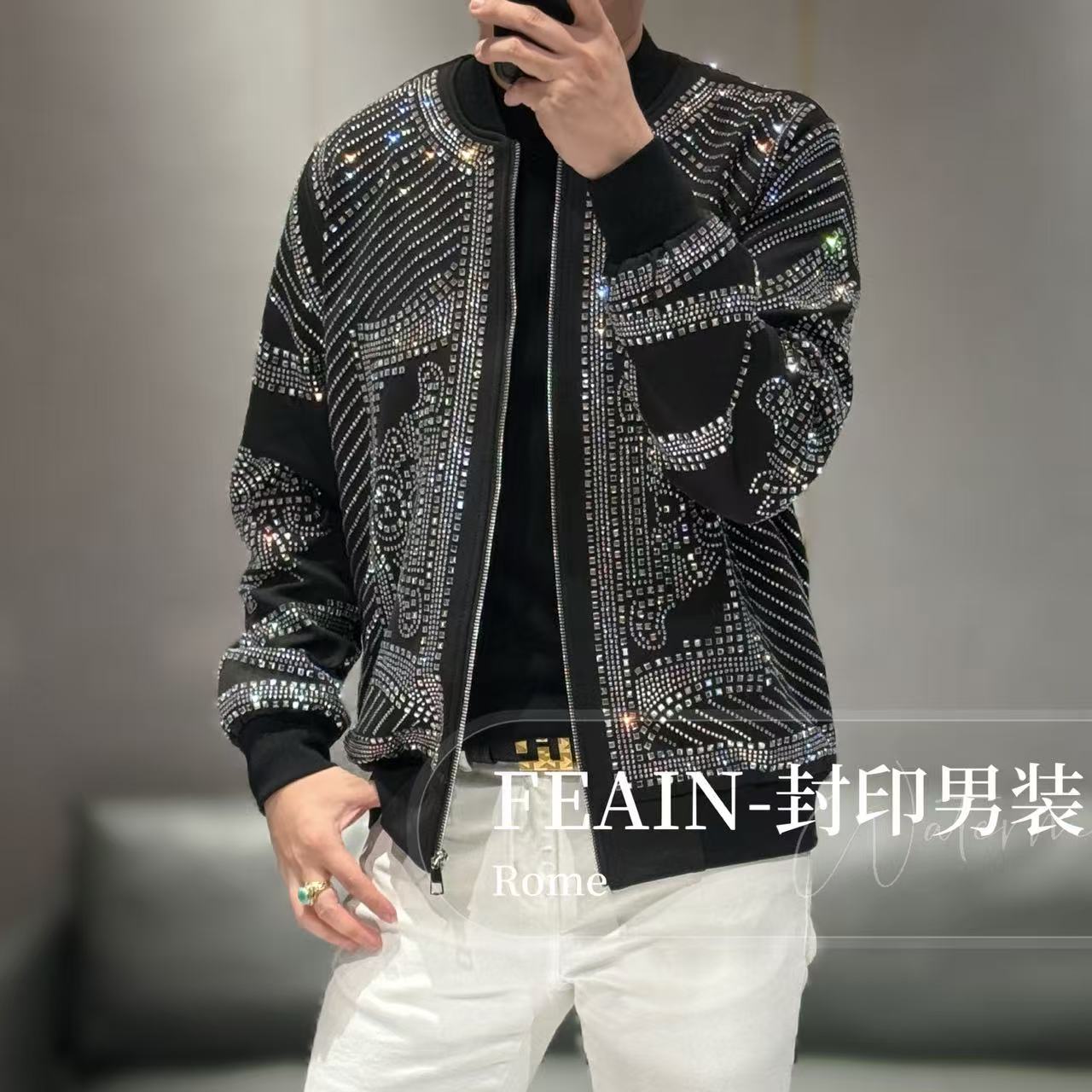 【八星八箭】高端定制立体水晶奥钻休闲棒球领夹克8001