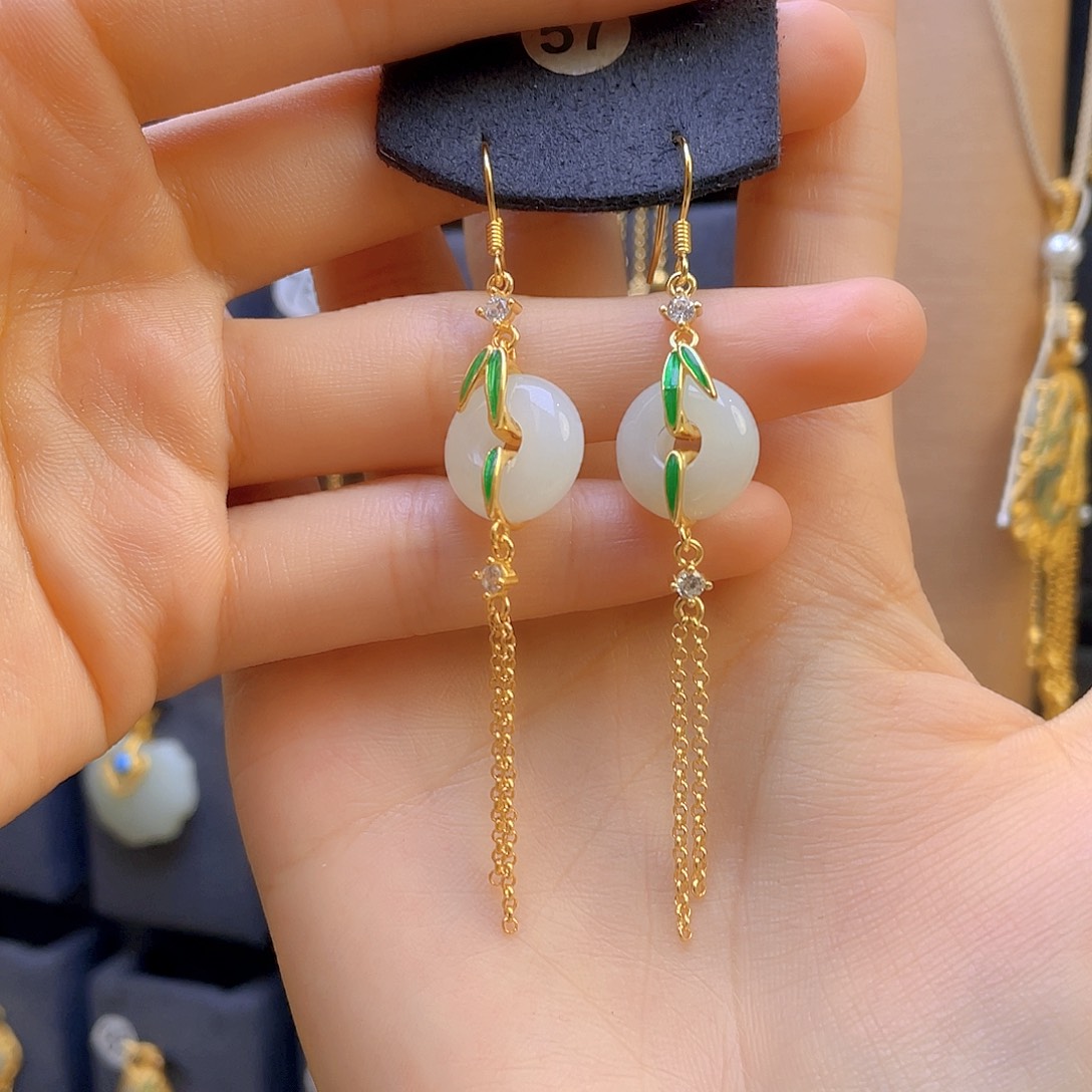 和田玉耳饰银S925镀金镶嵌