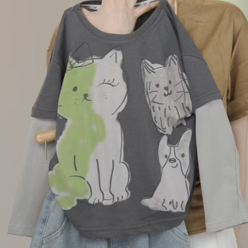 秋款上新儿童长袖纯棉假两件休闲宽松灰色印花T恤时尚百搭圆领