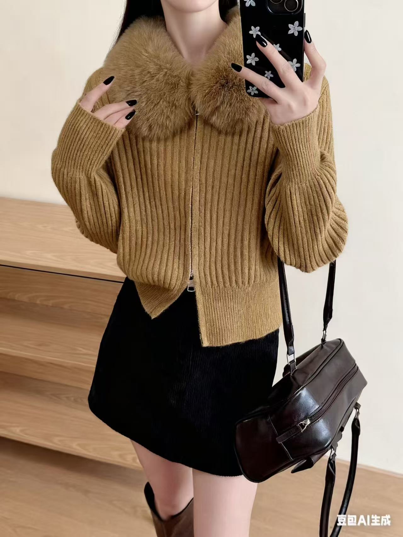 毛领新款宽松小个子针织开衫毛衣外套女秋冬慵懒韩系百搭纯色上衣