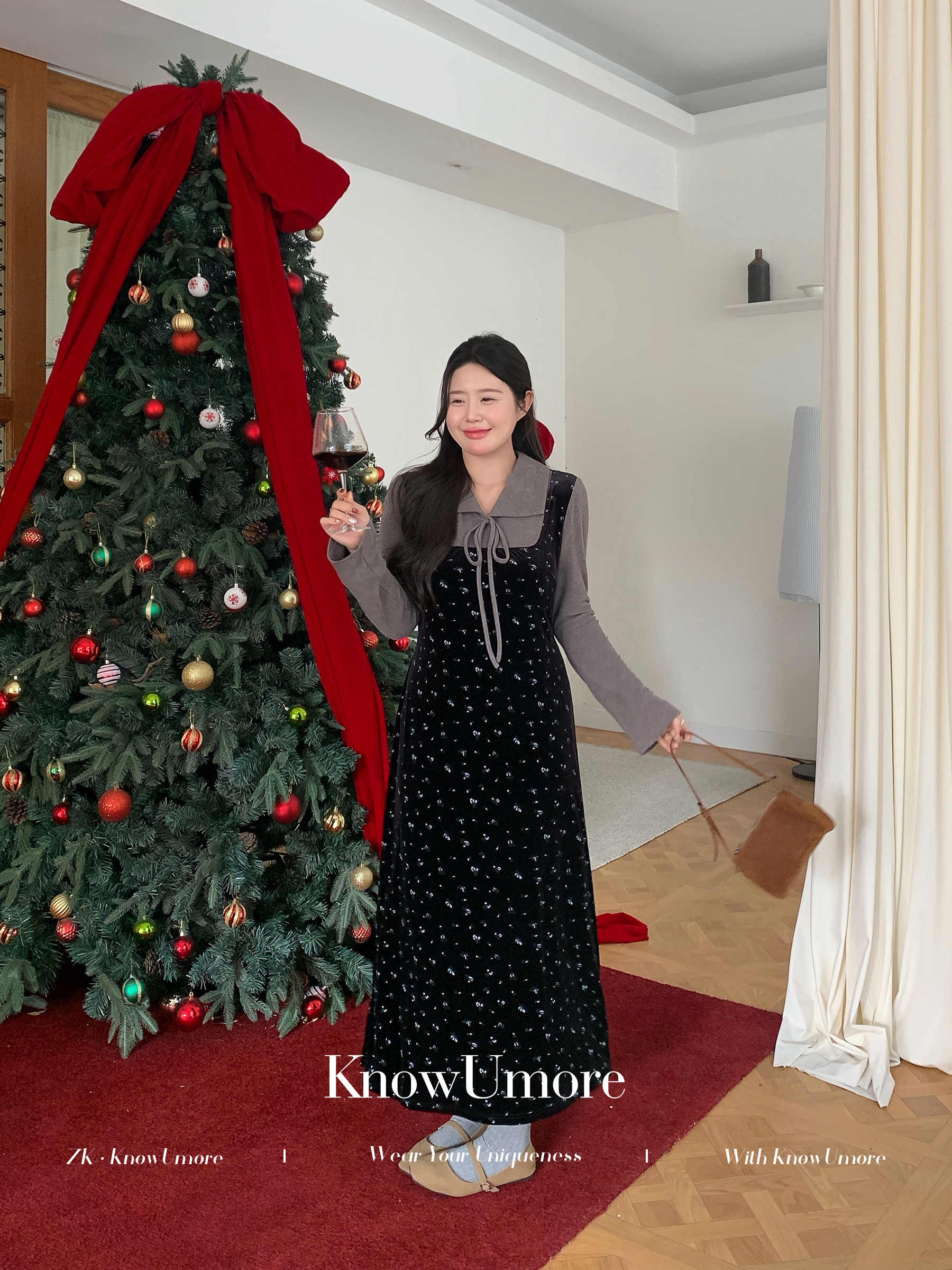 知葵微胖定制【心动恋综】秋冬韩系假两件丝绒印花显瘦连衣裙L5432