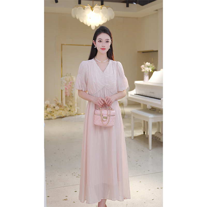 珍珠夹边条连衣裙810500