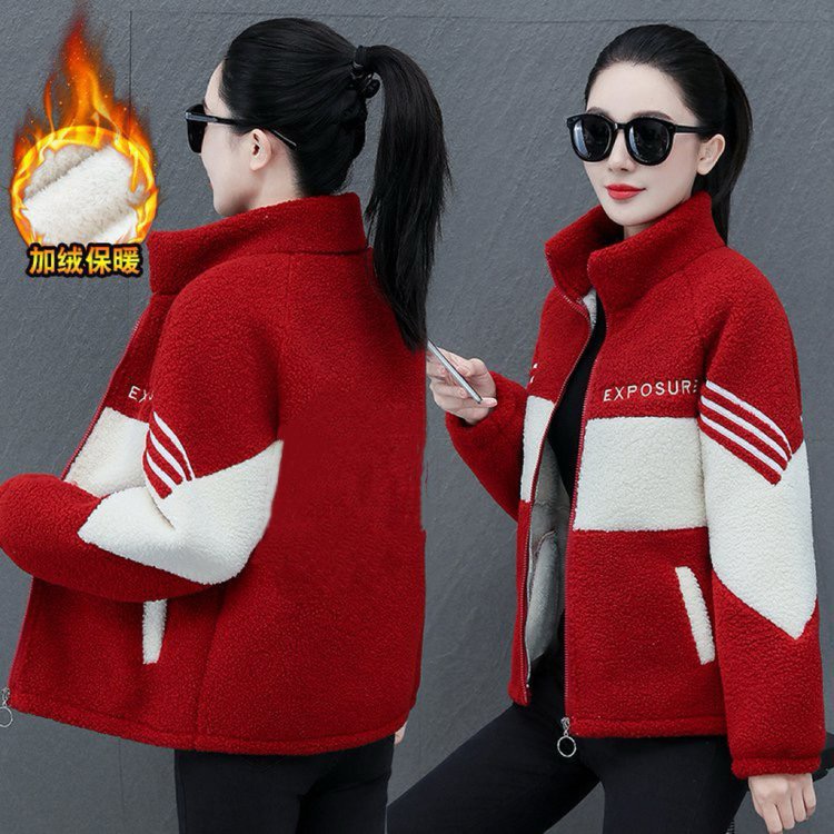 加绒外套女时尚刺绣毛巾绣撞色一体绒外套保暖立领加绒加厚外套