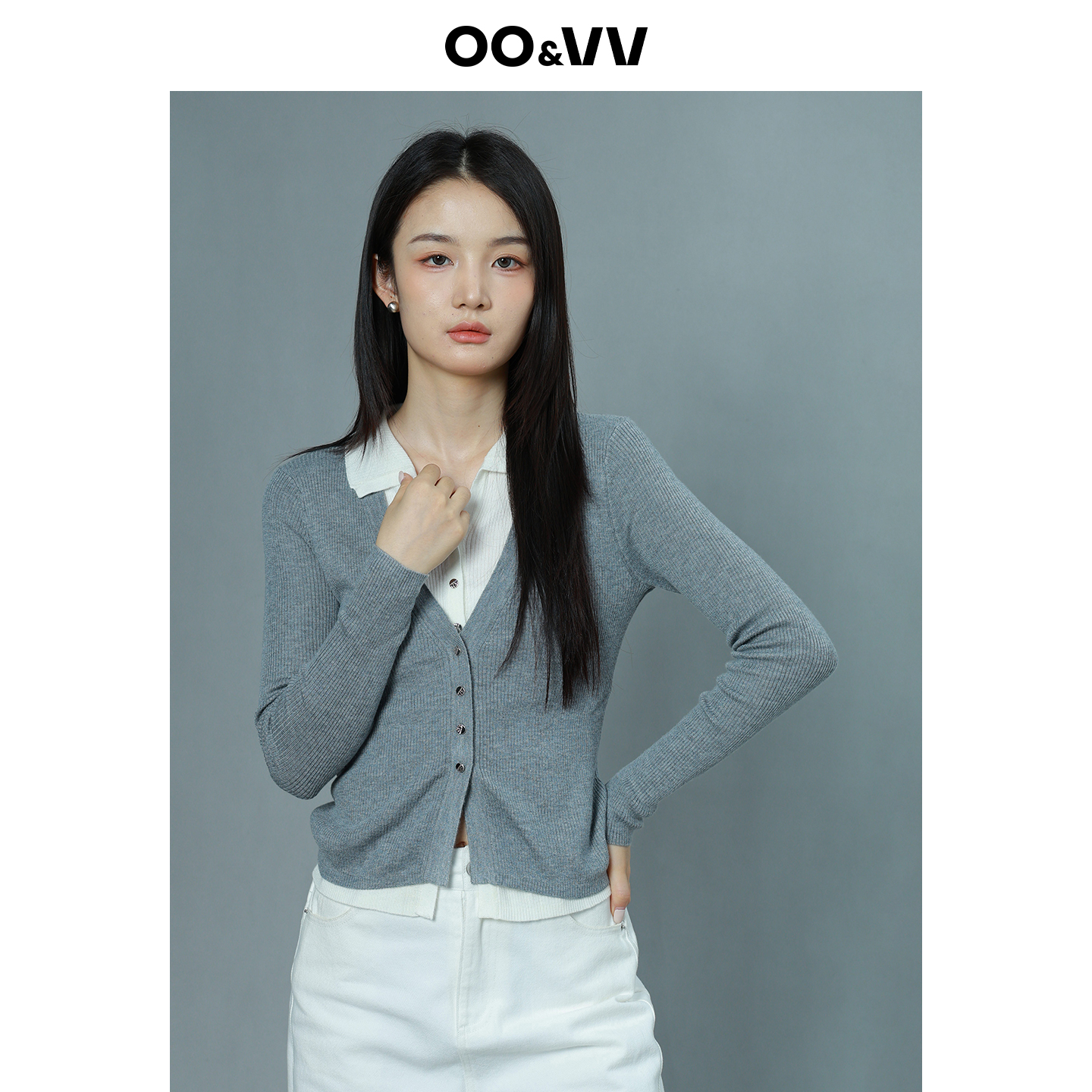 OO&VV撞色拼接假两件针织衫女2025秋季新款设计感羊毛呢衬衣上衣