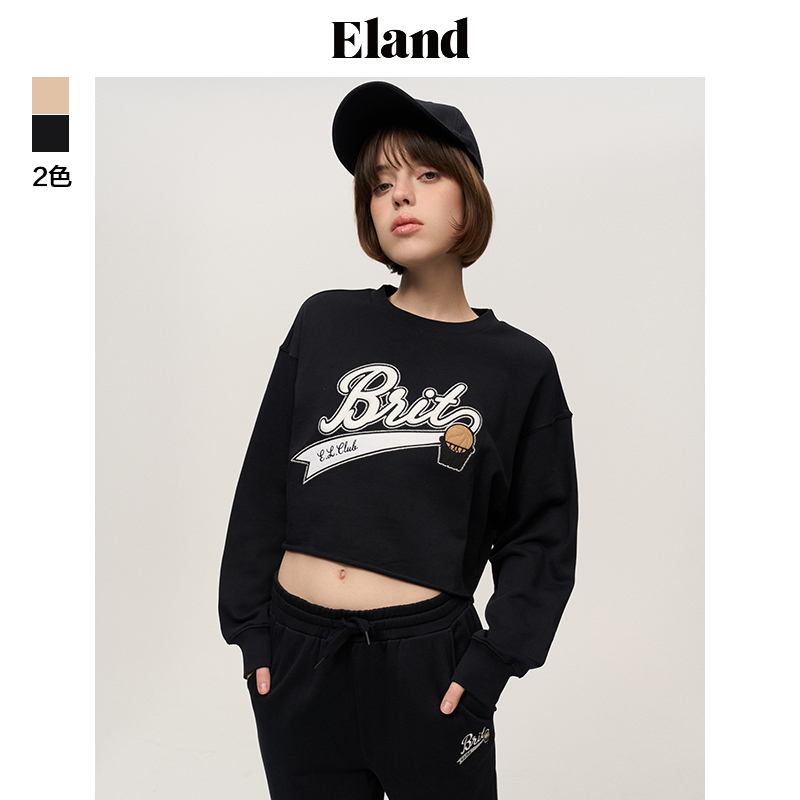 Eland衣恋卫衣女士时尚长袖字母印花圆领短款上衣女EEMTD6102I