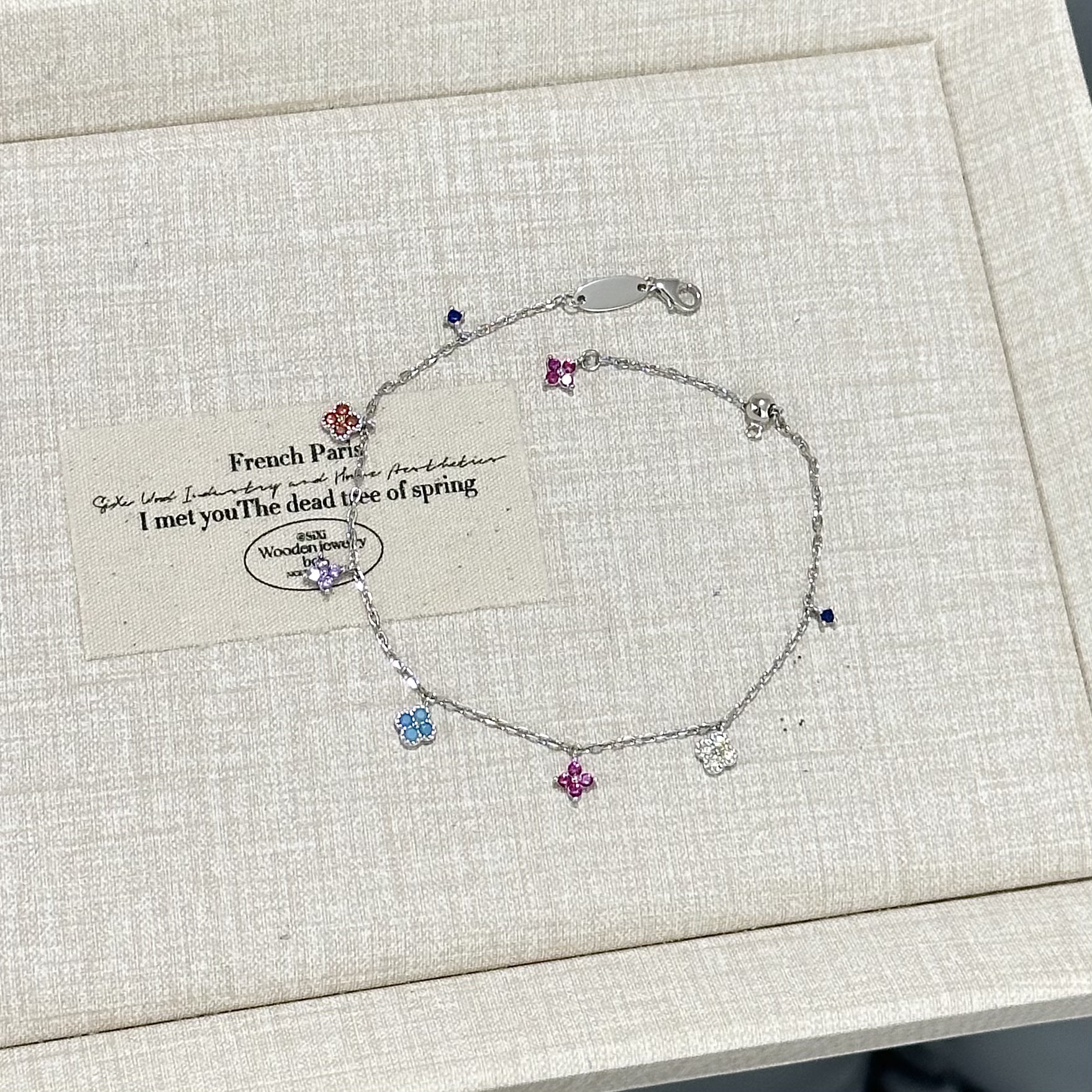 925银手链 彩色锆石四叶草手链