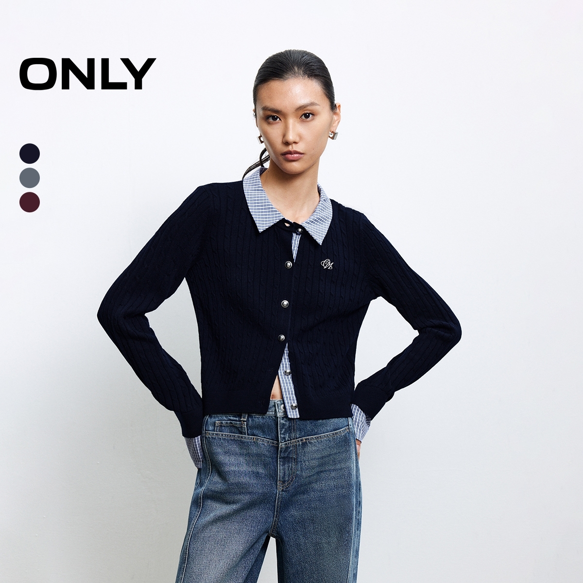 ONLY2025秋季新款学院风显瘦拼接假两件正肩针织衫女|12533A021