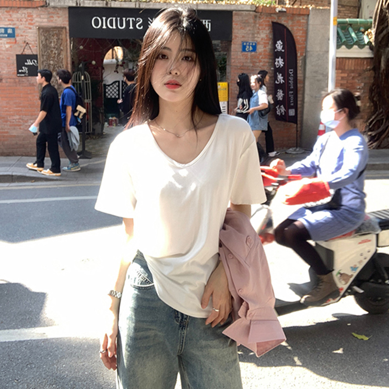 XGLMC夏季短袖白色大v领新款纯色宽松慵懒感弹力t恤女棉T百搭显瘦