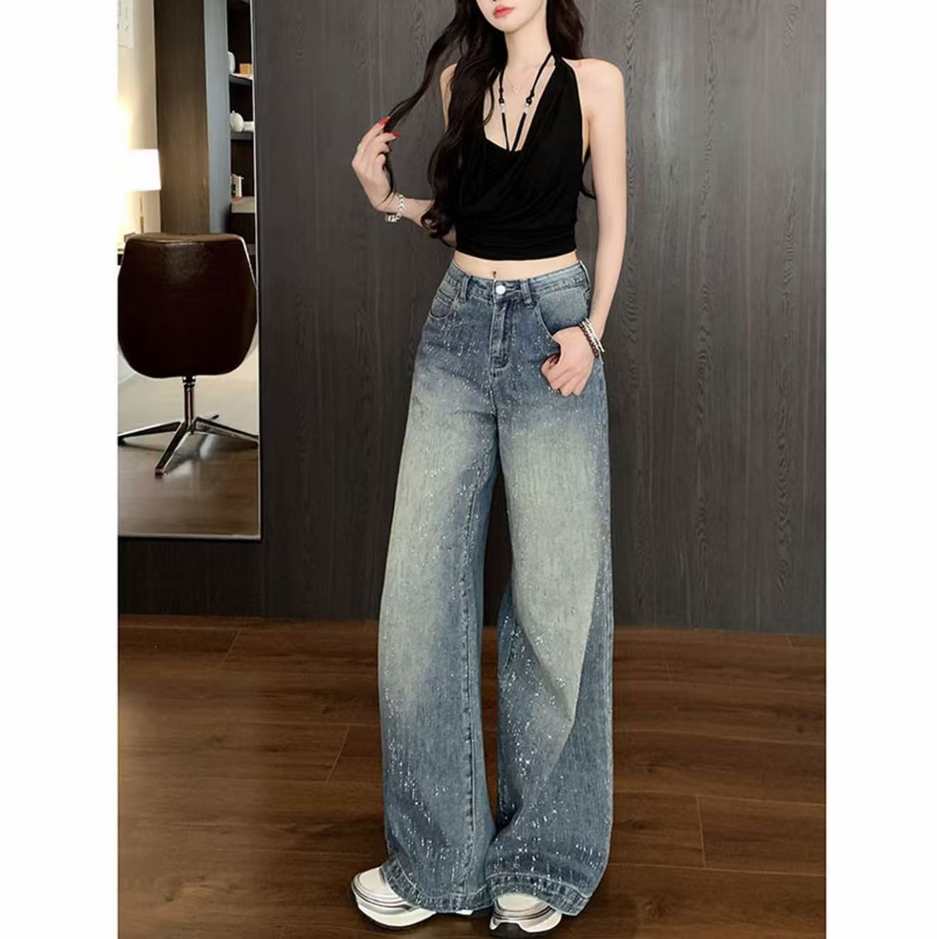 （现货+运险）星河烫钻牛仔裤女2025秋冬款高腰宽松显瘦拖地裤