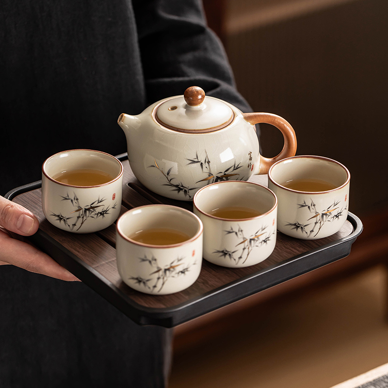 汝窑一人饮功夫茶具简约小套装酒店民宿一壶四杯小型陶瓷泡茶器具