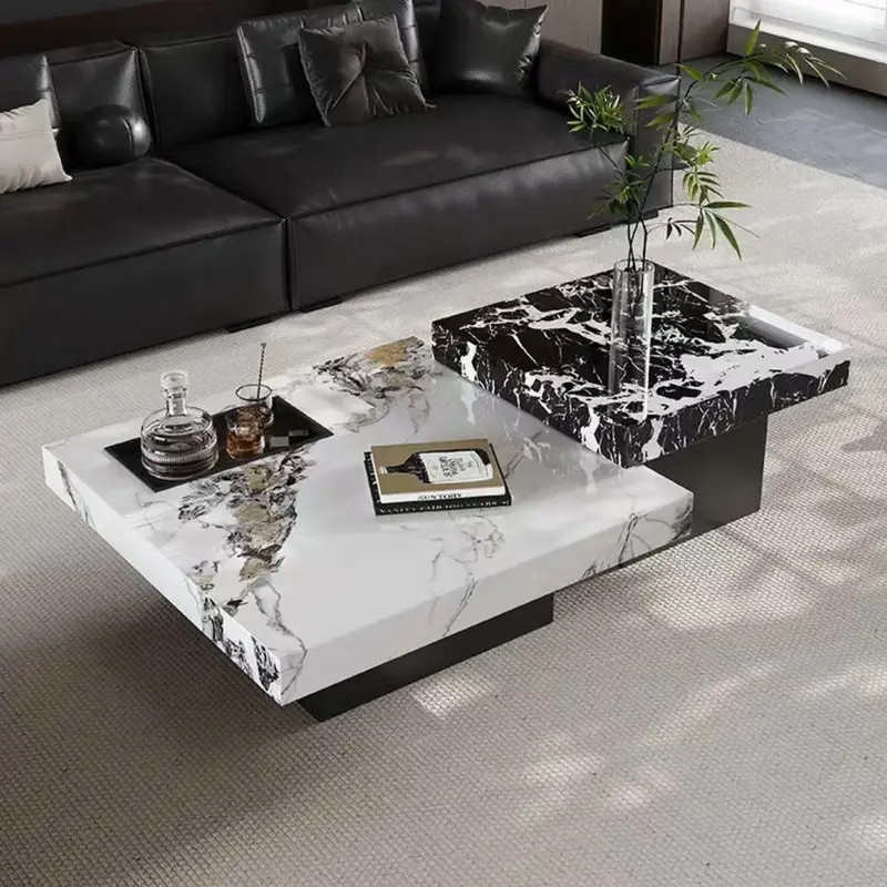 意式极简现代大理石高低方茶几组合高端客厅家用新款个性方形