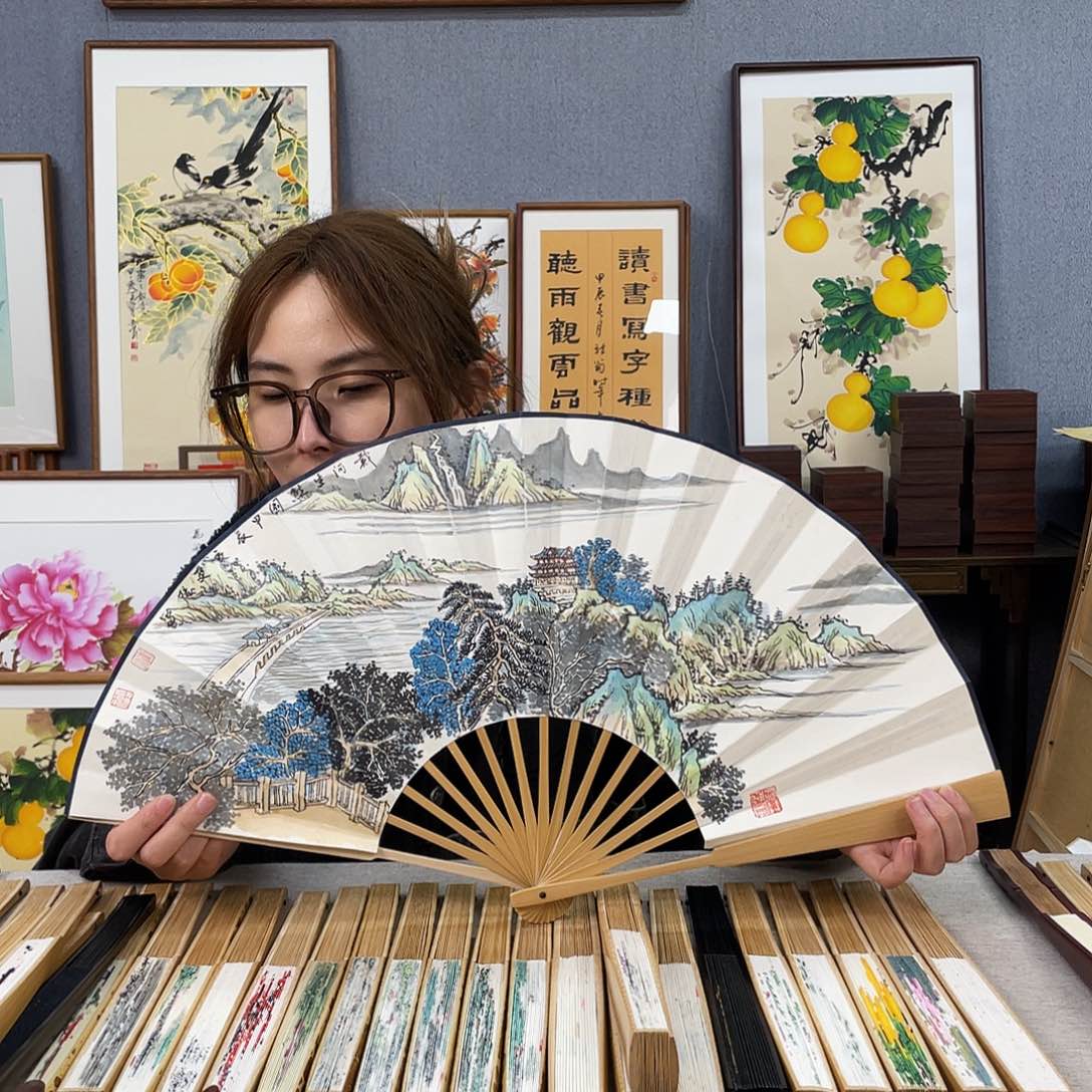 国画10寸玉竹-纯手绘-文玩扇骨（默认粘好）