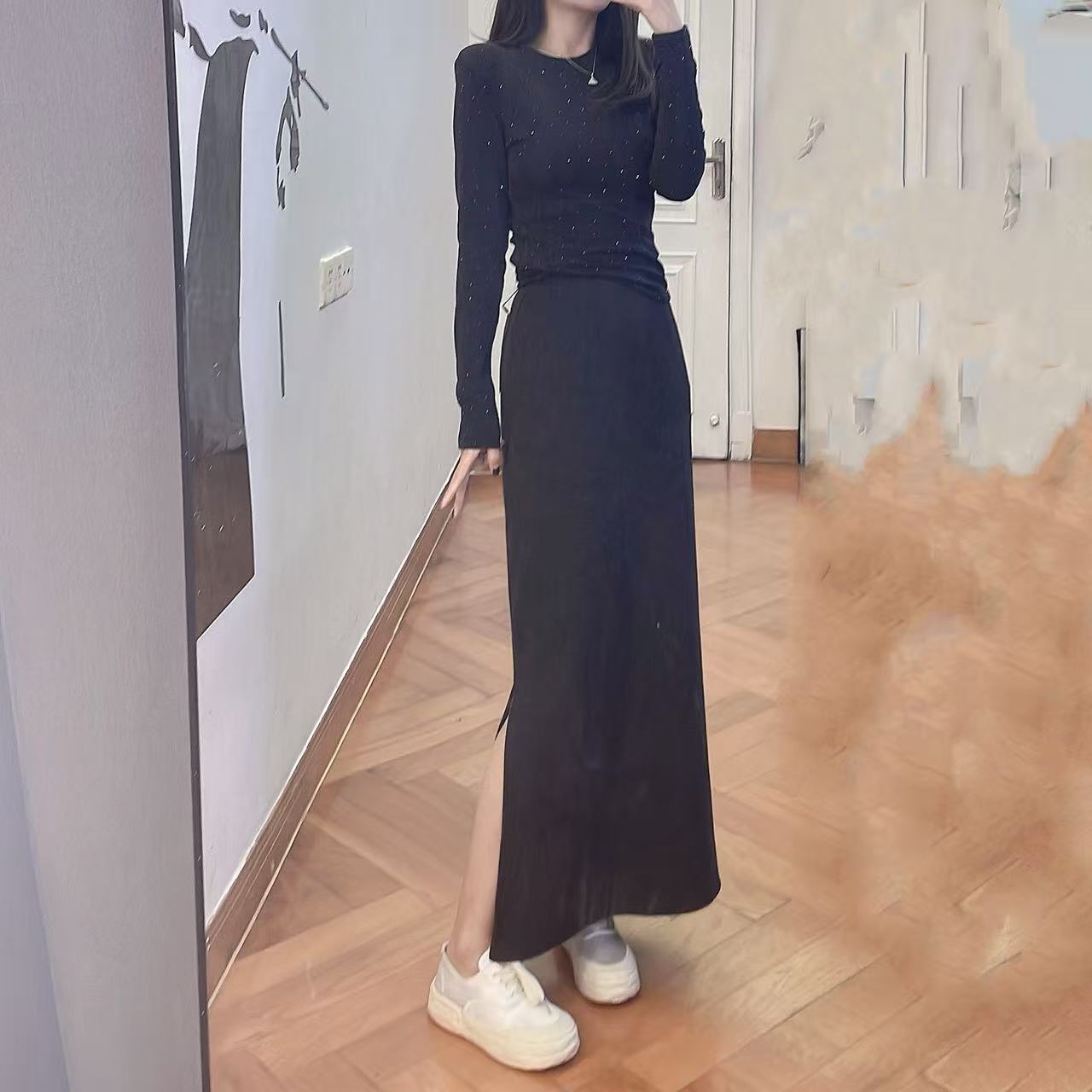 加绒加厚款半身裙显瘦气质女装左侧开衩半身裙轻奢高腰半身裙5117