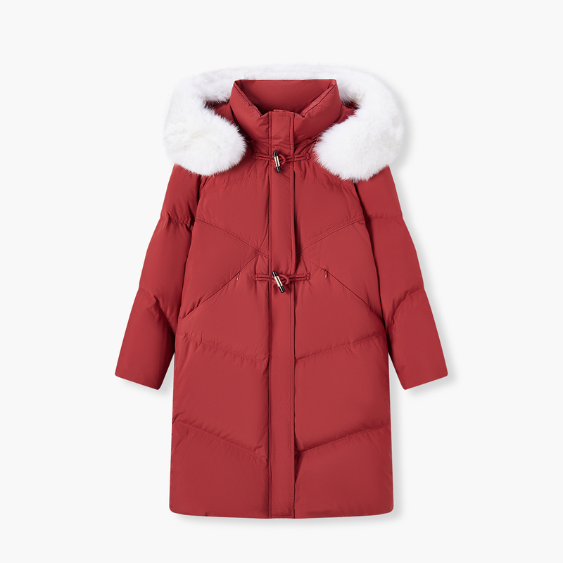 冬季新年红色领连帽保暖中长款外套