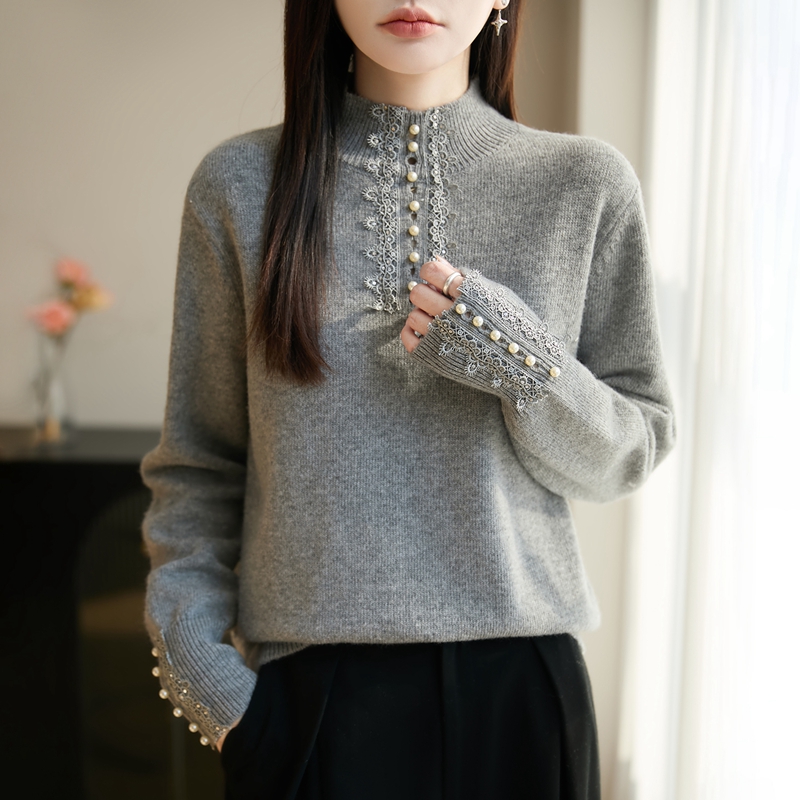 品牌女装秋冬新款时尚蕾丝半高领针织衫洋气宽松内搭打底衫毛衣女