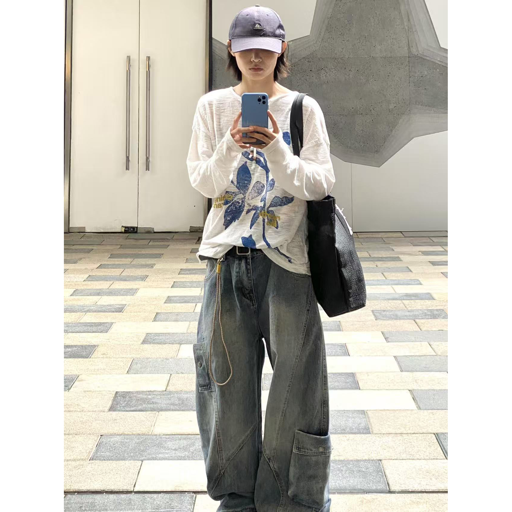QIUYIDAODI新款水洗复古重工解构男工装阔腿百搭休闲情侣牛仔裤