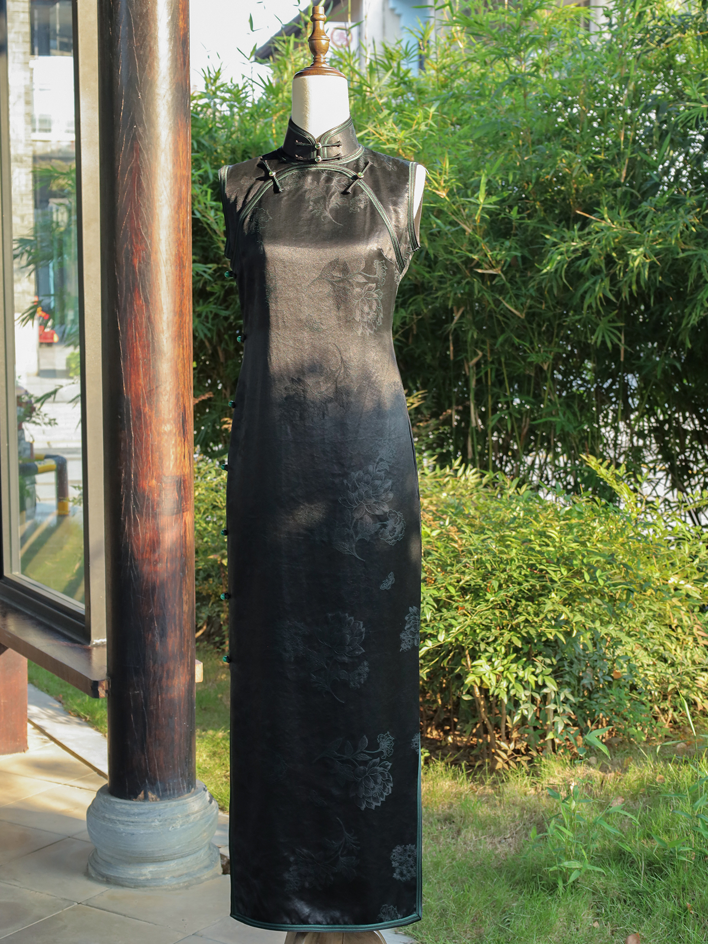 扶辰【月影流霜】蓝雅色织提花香云纱高端手工黑色旗袍2535-8-40