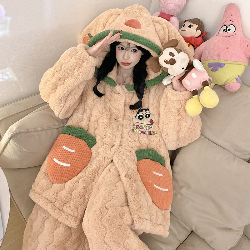 秋冬季睡衣女新款保暖卡通三层夹棉加厚冬天家居服连帽套装可外穿