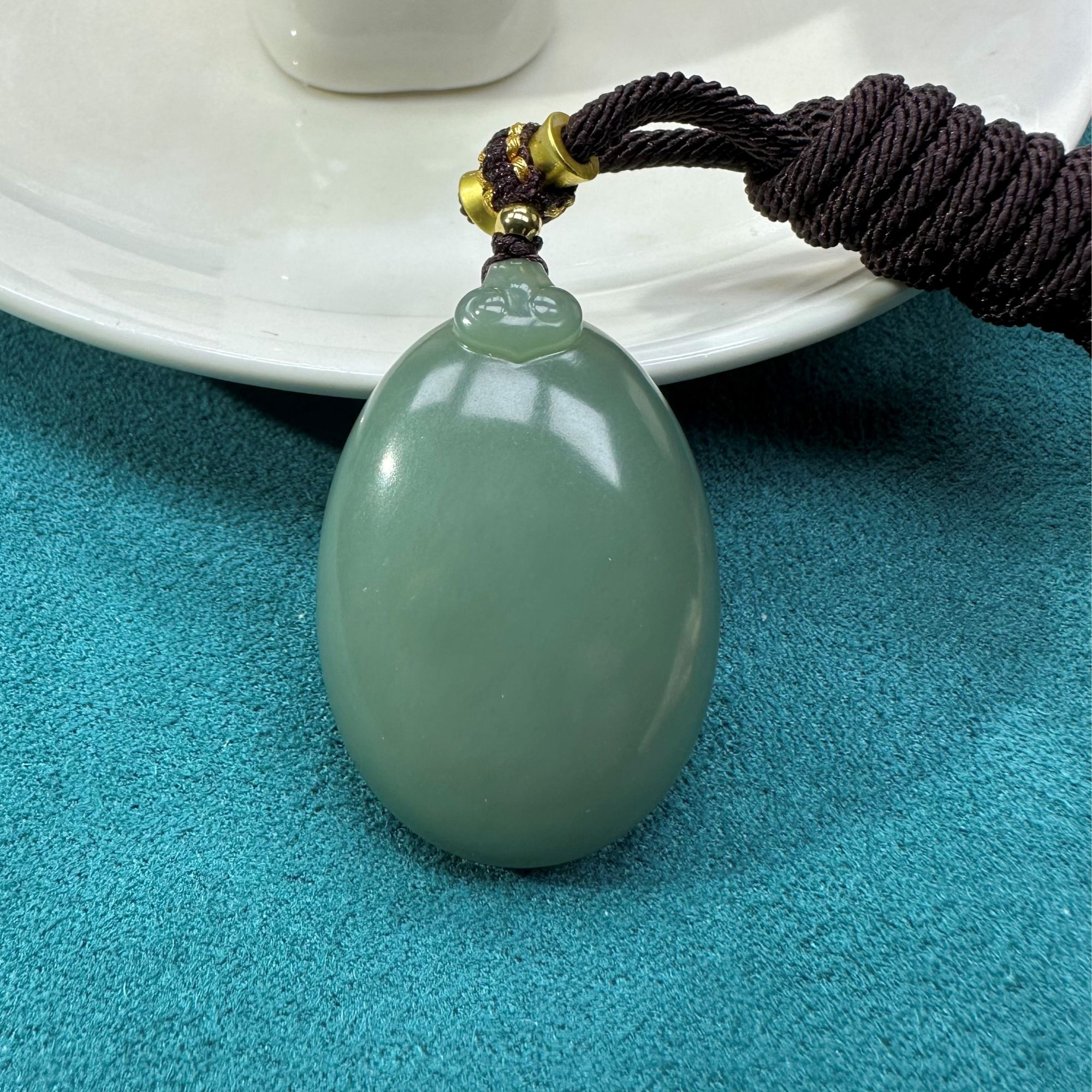 俄料碧玉鸭蛋青瓷蓝如意蛋面（裸石37*25*11mm）吊坠气质时尚百搭