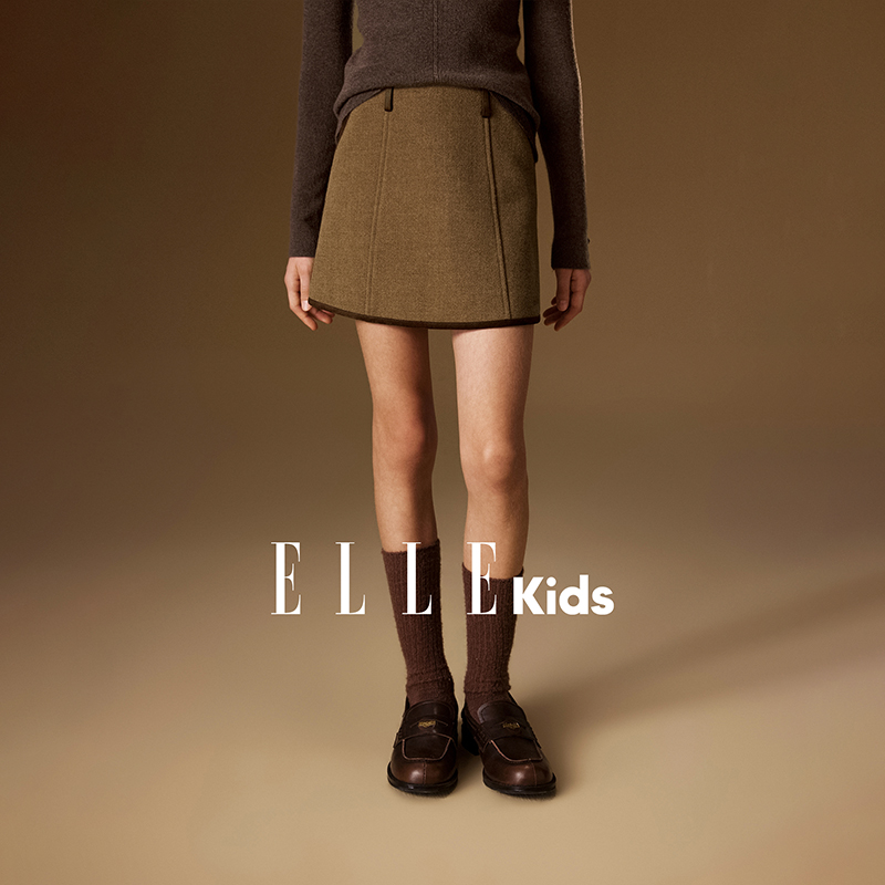 ELLE KIDS童装 复古薄呢半身裙女童秋冬新款法式经典撞色包边裙D4