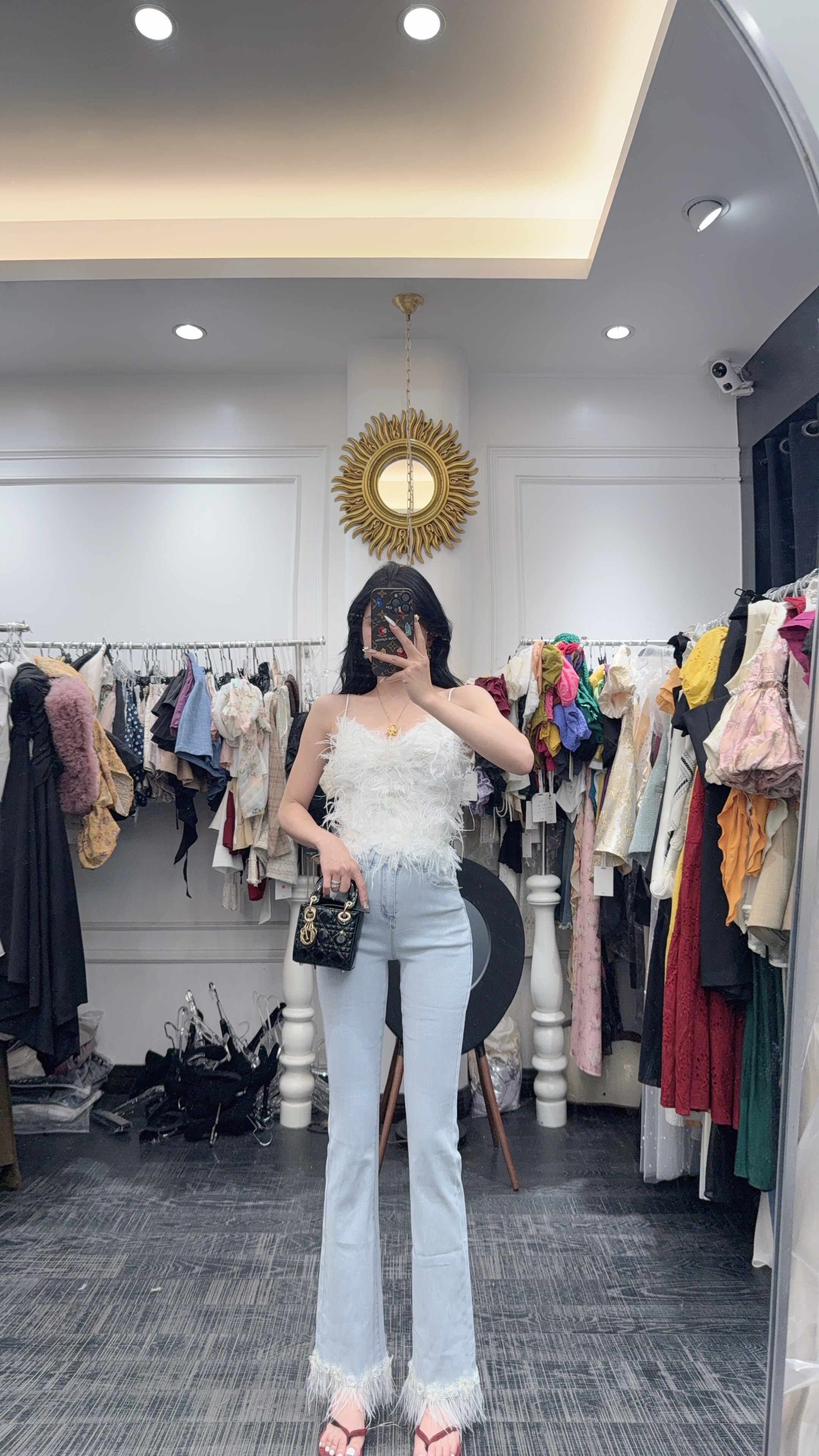 大气元（裤子）重工裤脚拼接毛毛喇叭裤