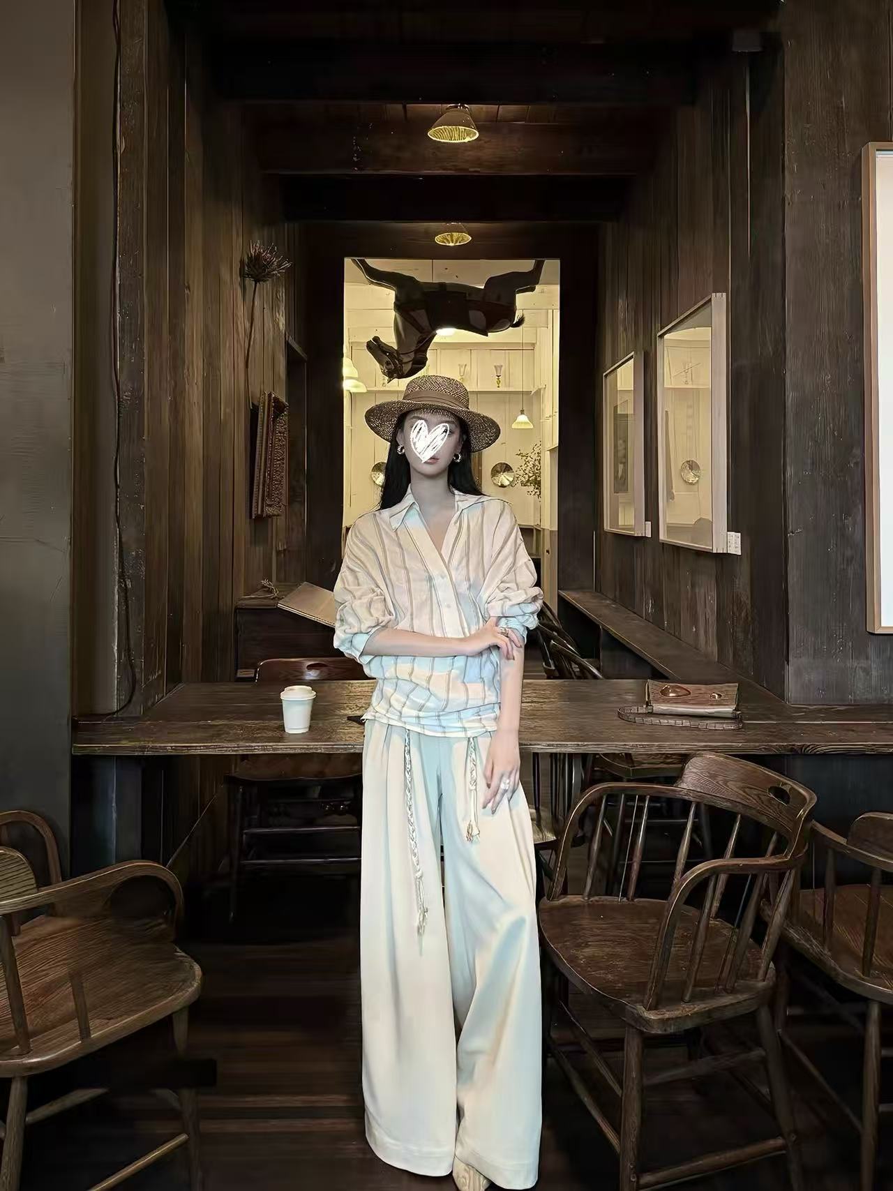 【老钱周记】初秋条纹薄款衬衫上衣+绳结装饰显瘦阔腿裤Q237