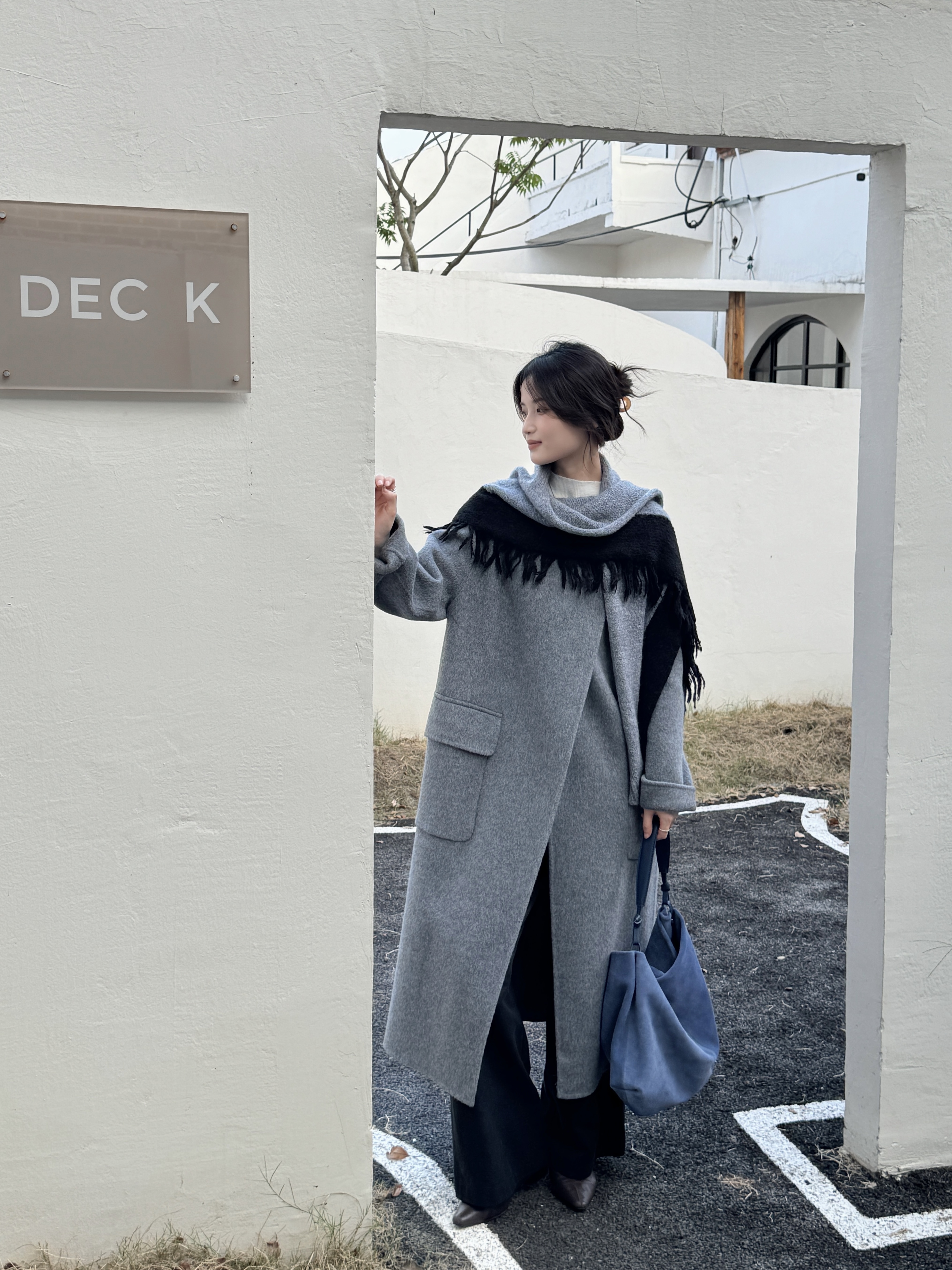 韩系独特别致新款紫色双面羊绒大衣带围巾加厚中长款毛呢外套6310