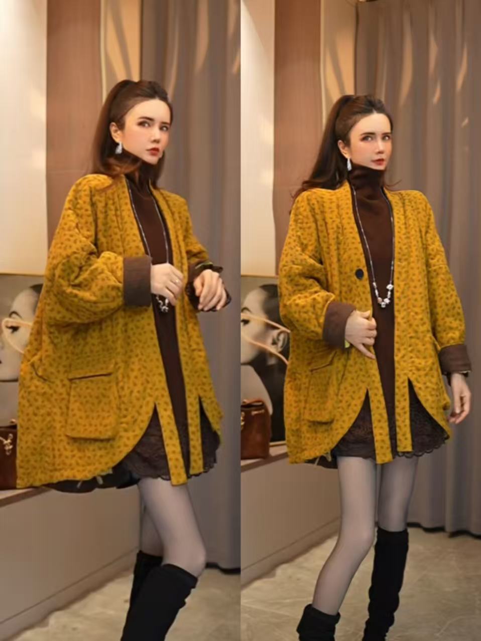 【25101#】秋冬新款韩版灯芯绒印花大口袋外套