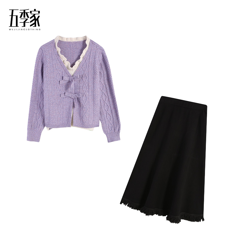 紫色上衣搭配黑色长半裙两件套ZL114912+ZL98869套装