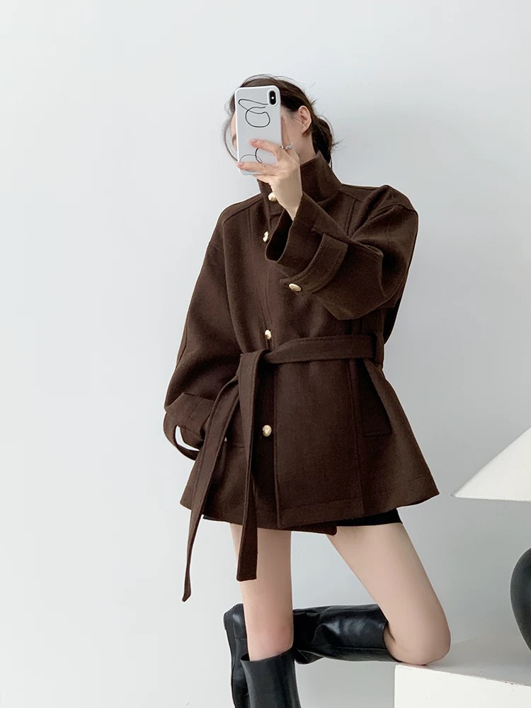 现货【小稳专属运补6-8】微胖大码复古气质立领显瘦毛呢外套5273