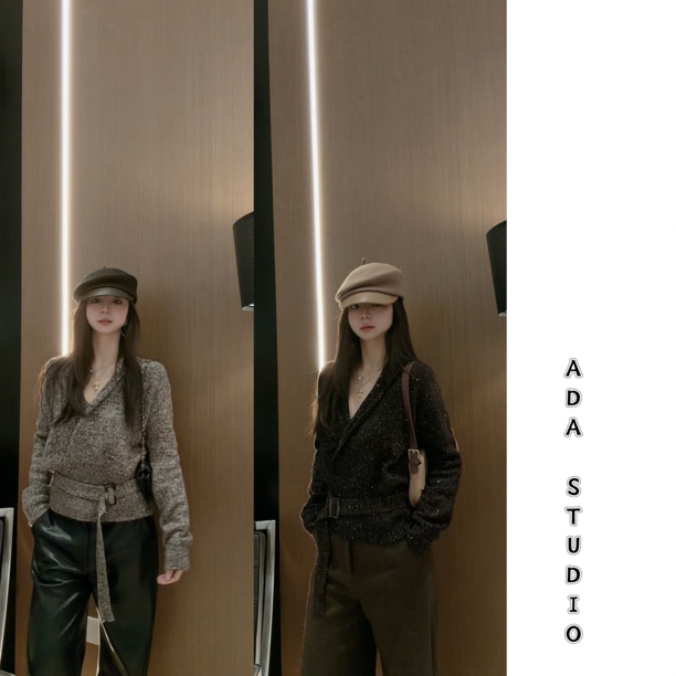 Ada定制【弥冬系带】羊绒复古V领长袖加厚系带收腰显瘦针织毛衣